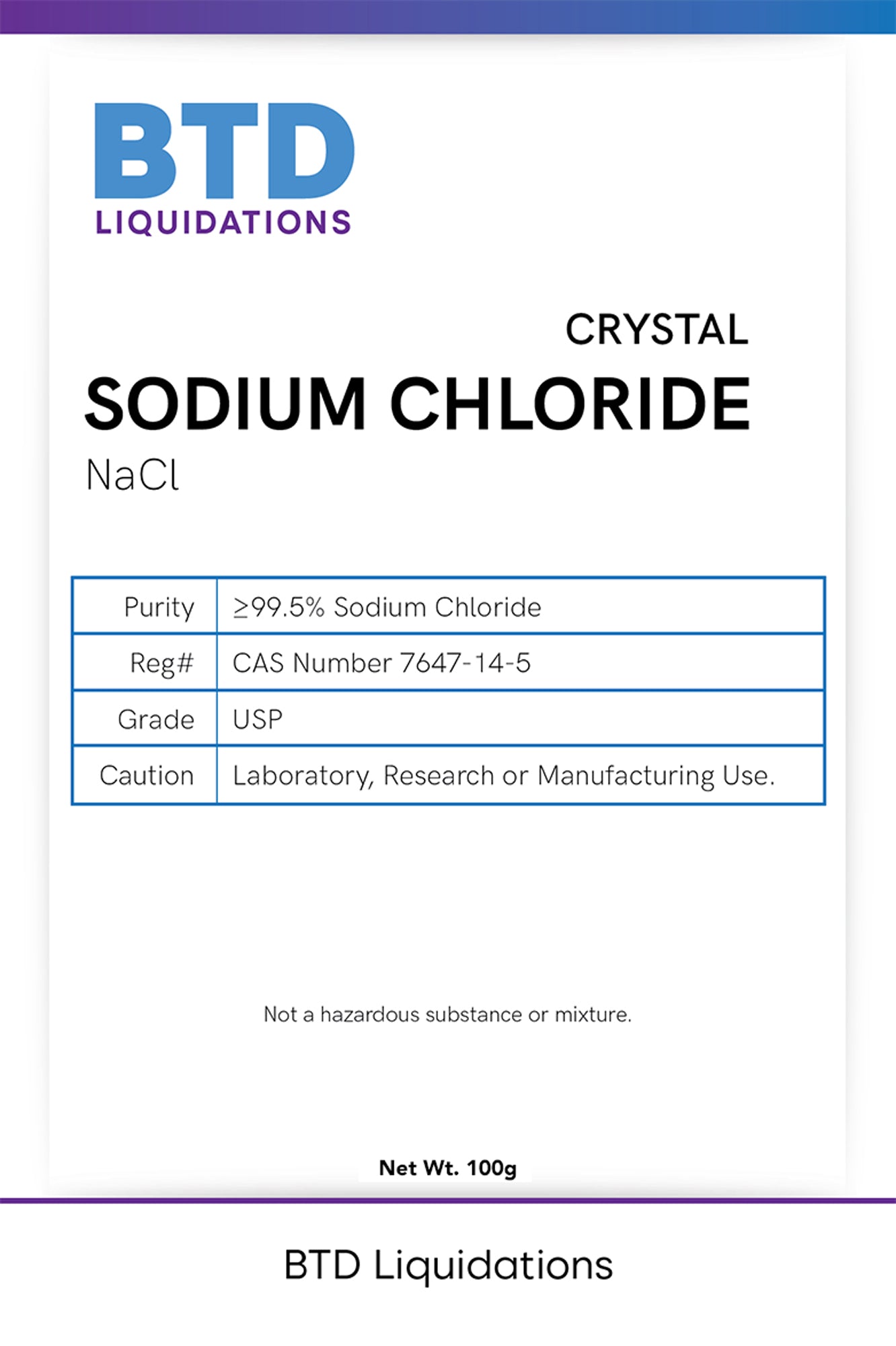 Sodium chloride 99.5% Pure USP Grade