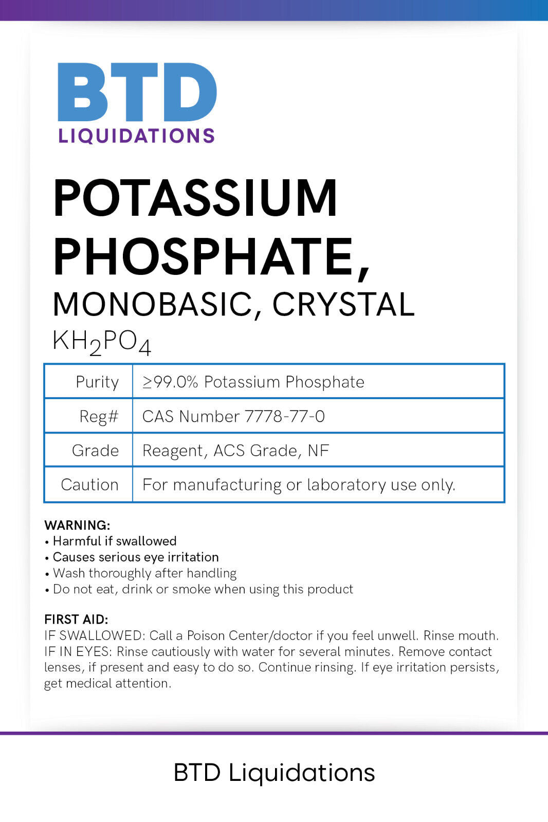 Potassium Phosphate Monobasic, ACS grade reagent, ≥99.0% CAS # 7778-77-0